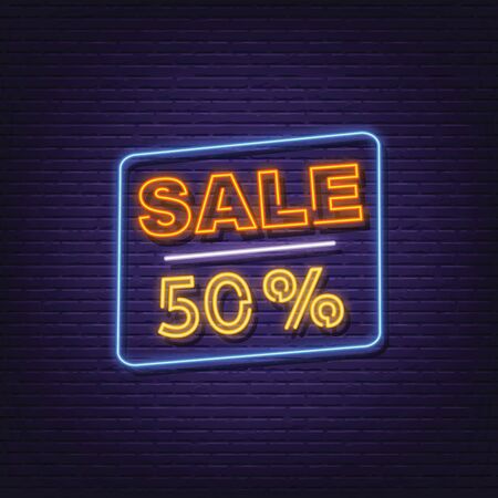 sale fifty percent off neon signboard vector designのイラスト素材