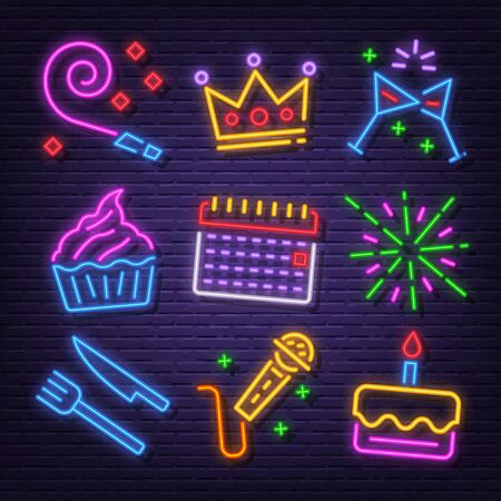 birthday party neon signboard icons vector designのイラスト素材
