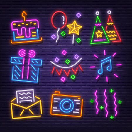 birthday party neon signboard icons vector designのイラスト素材