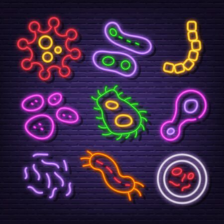 virus and bacteria neon signboard icons vector designのイラスト素材