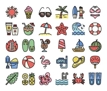 summer color outline vector icons summer and vacation conceptのイラスト素材
