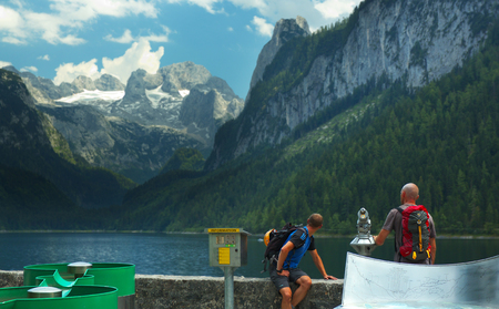 View of a Gosau Lake with Dachstein Group on backgroundのeditorial素材