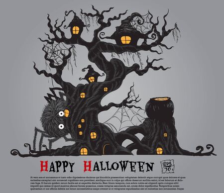 Happy Halloween from vector. spider and witch house tree.のイラスト素材