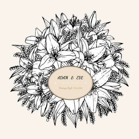 Lily flower card vector by hand drawing.Lily card vintage style.のイラスト素材