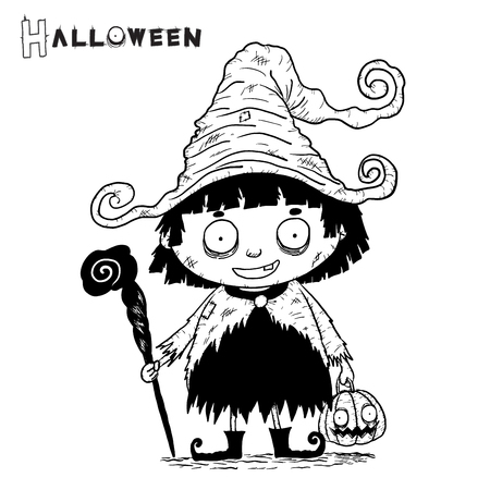 Little cute witch. Halloween poster background card. Vector illustration.のイラスト素材