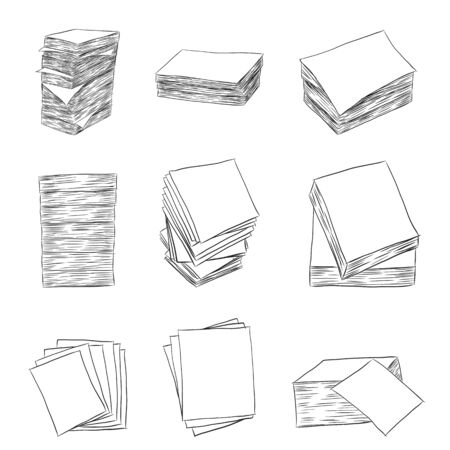 Paper stack vector on white background.Paper stack set by hand drawing.のイラスト素材