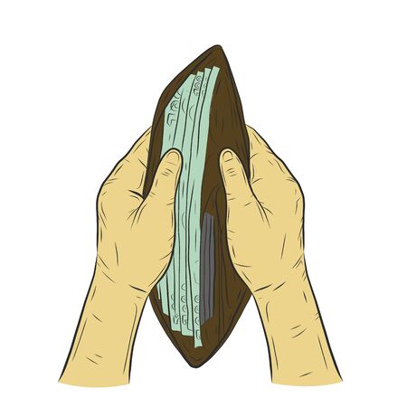Money full in wallet.Hand open wallet sketch.のイラスト素材