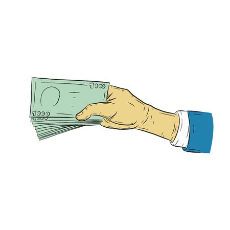 Hand holding money vector on white background.Hand with money sketch.のイラスト素材