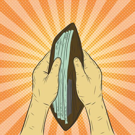Money full in wallet.Hand open wallet sketch.のイラスト素材