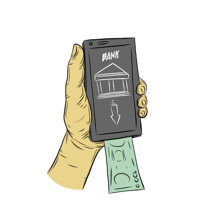 Mobile on you hand.The phone connects to the Internet through a bankのイラスト素材