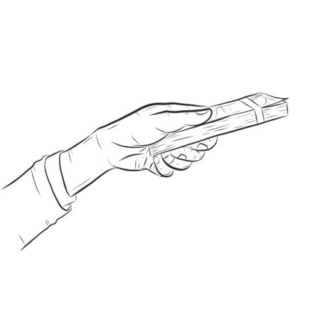 Hand holding money vector on halftone background.Hand with money sketch.のイラスト素材