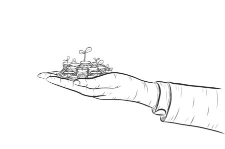 Plant growing from coins in a hand on white backgroundのイラスト素材