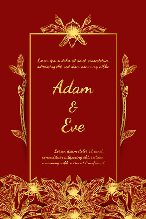 Paphiopedilum orchids card by hand drawing.Orchids vector card on red background.のイラスト素材