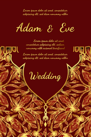 Paphiopedilum orchids card by hand drawing.Orchids vector card on red background.のイラスト素材