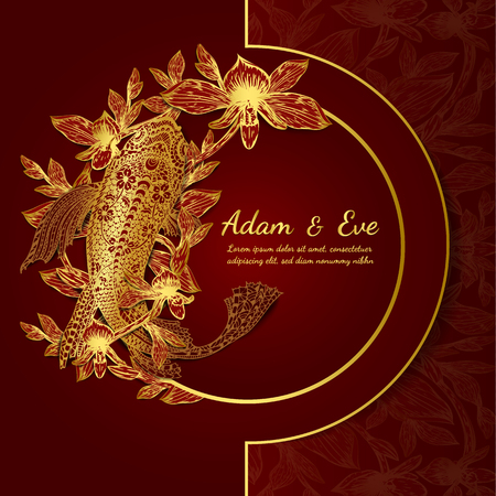 Paphiopedilum orchids and koi fish card by hand drawing.Flower with japan fish on red backgroundのイラスト素材