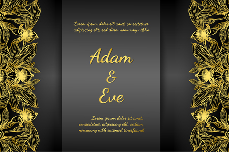 Paphiopedilum orchids card by hand drawing.Orchids vector card on dark background.のイラスト素材