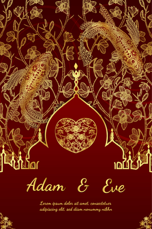 Paphiopedilum orchids and koi fish card by hand drawingのイラスト素材