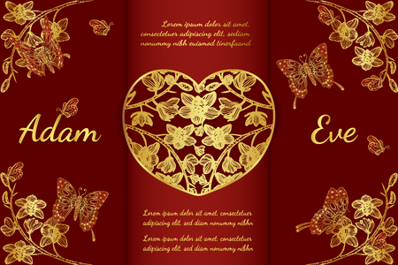 Butterfly with orchids invitation card by hand drawing.Butterfly and gold flower on red background.Red greeting card of chinese style.Butterfly with gold vine vector on red background.のイラスト素材