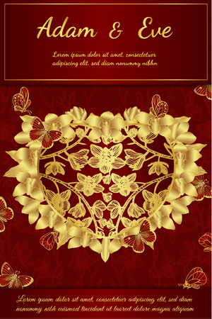 Butterfly with orchids invitation card by hand drawing.Butterfly and gold flower on red background.Red greeting card of chinese style.Butterfly with gold vine vector on red background.のイラスト素材
