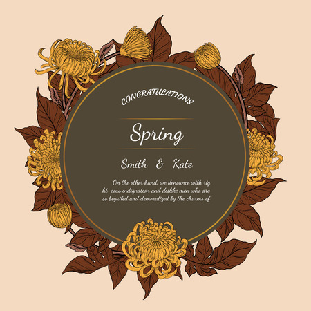 Chrysanthemum vintage card on brown background.Chrysanthemum flower by hand drawing.Floral vintage highly detailed in line art style.のイラスト素材