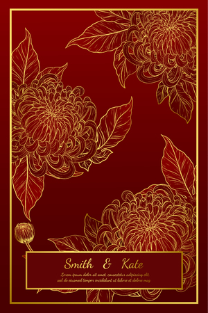 Chrysanthemum vintage card on red background.Chrysanthemum flower by hand drawing.Floral vintage highly detailed in line art style.のイラスト素材