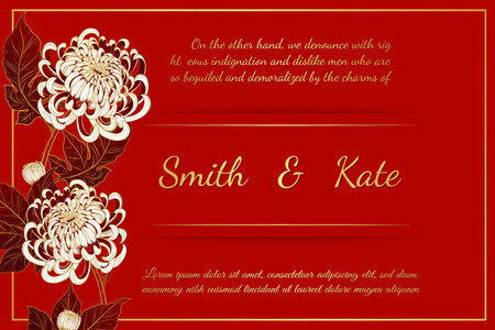 Chrysanthemum vintage card on red background. Chrysanthemum flower by hand drawing. Floral vintage highly detailed in line art style.のイラスト素材