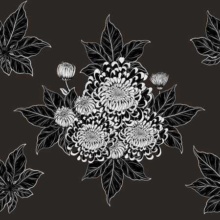 Koi fish and chrysanthemum pattern by hand drawing.Tattoo art highly detailed in line art style.Fish and flower seamless pattern on batik cloth.のイラスト素材