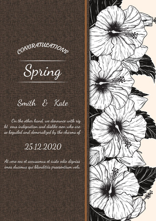Hibiscus flower vector card by hand drawing.Flower vintage card on brown backgroundのイラスト素材