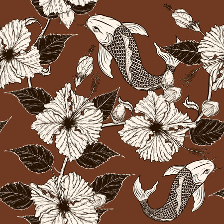 Koi Fish And Hibiscus Flower Pattern By Hand Drawing Tattoo Art Highly Detailed In Line Art Style Fish And Flower Seamless Pattern On Batik Cloth の素材 Fy ストックフォトのamanaimages Plus