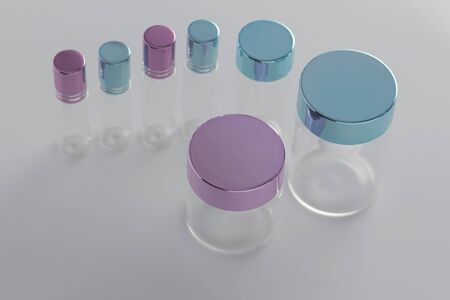 Still life of glass jars with lids. Glass containers with lids for medicines, liquids, perfumes,...