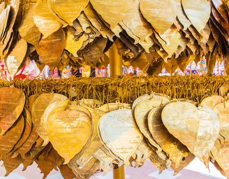 golden metal sheet in bo leaf shape decorating in asian templeのeditorial素材