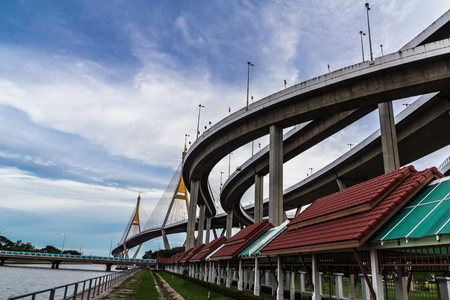 Bhumibol' bridge sunset at Bangkok Thailand , Foreign text on the bridge is the name "Bhumibol 1 and 2".の写真素材