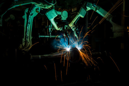 Industrial welding robots represent the movement in the automotive parts industry.