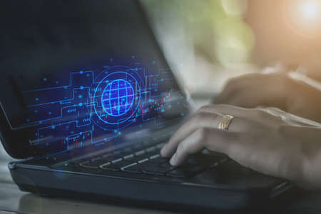 business people working on computers against technology backgroundの写真素材