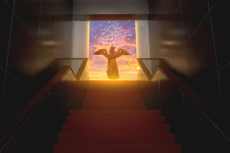 Back view of backlit fairy statue walking on stairs to illuminated opening in dark wall. Success. Exit. Ascension. Freedom of thought. and problem solving conceptsの写真素材