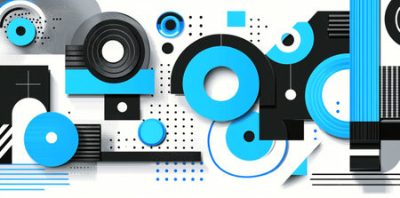 Bold abstract design featuring geometric shapes in light blue, black, and white, creating dynamic visual experience. Perfect for modern art or graphic design projects.の素材