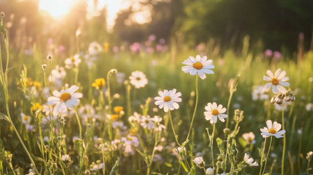 vibrant spring meadow filled with blooming daisies and wildflowers, basking in warm sunlight, creates serene and joyful atmosphere.の素材