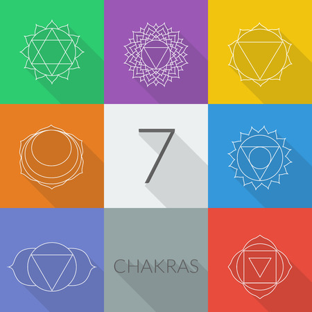 The seven chakras vector set style flat with shadows. Linear character illustration of Hinduism and Buddhism. For design, associated with yoga and India.のイラスト素材