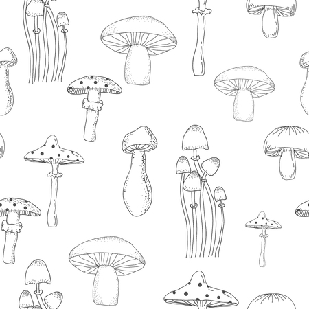 Black and white seamless pattern background with different mushroomsのイラスト素材