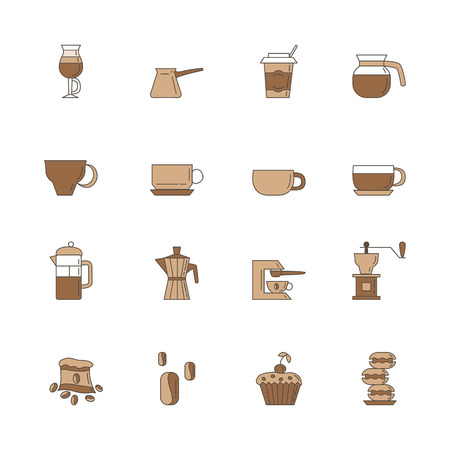 Set of 16 linear and colorful coffee icons included coffee cups, coffee machine, coffee, a bag of coffee, cupcakes, coffee beans, macaroons. Isolated on the white backgroundのイラスト素材