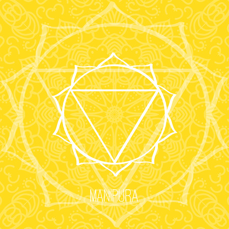 Lines geometric illustration of one of the seven chakras - Manipura on the yellow background, the symbol of Hinduism, Buddhism. Hand painted mandala texture. For design, associated with yoga and Indiaのイラスト素材