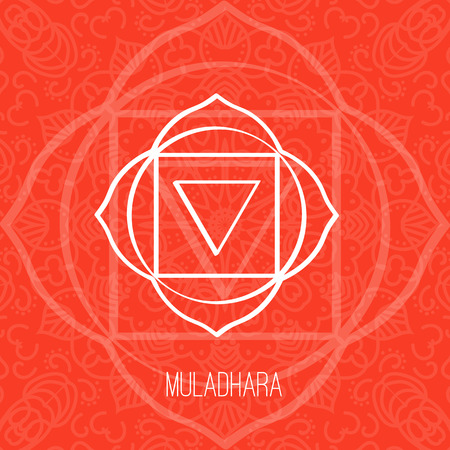 Lines geometric illustration of one of the seven chakras - Muladhara on the red background, the symbol of Hinduism, Buddhism. Hand painted mandala texture. For design, associated with yoga and India.のイラスト素材