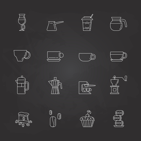Set of 16 brown linear coffee icons included coffee cups, coffee machine, coffee, a bag of coffee, cupcakes, coffee beans, macaroons. Isolated on the white background.のイラスト素材