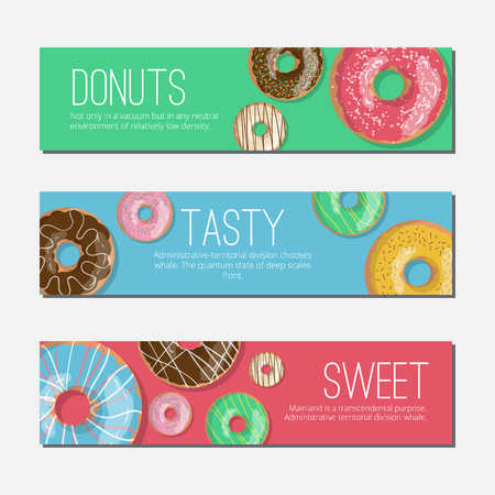 Set of three bright tasty vector banners donuts illustration on the green, blue and red backgrounds. Doughnut banners in cartoon style for donuts menu in cafe and shop.のイラスト素材