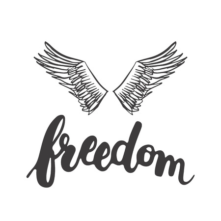 Hand drawn typography lettering phrase Freedom with birds wings on the white background. Modern motivational calligraphy for typography poster and postcard or t-shirt print.のイラスト素材