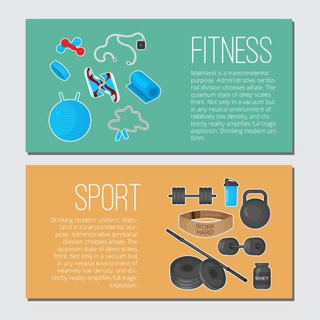 Flat trendy color background with sport equipments elements set for gym or fitness club flayersのイラスト素材
