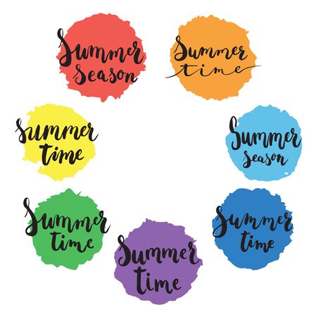 Hand drawn typography lettering phrase Summer season and Summer time isolated on the colorful rainbow color circles background. Modern calligraphy for typography greeting card or t-shirt print design.のイラスト素材