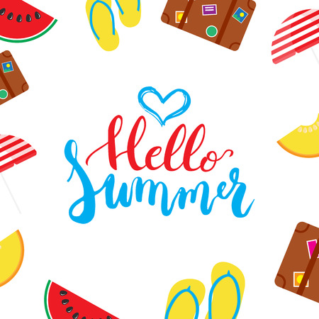 Hello Summer brush hand painted lettering phrase isolated on the white background with colorful watermelon, melon, step-ins, parasol, suitcase icons.のイラスト素材