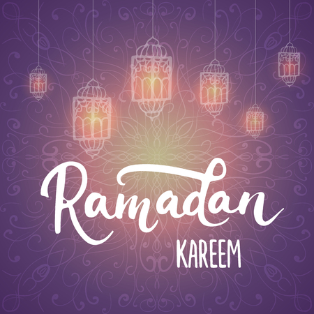 Ramadan Kareem shiny greeting card background with lanterns, lettering. illustration for Ramadan - holiest month in the Islamic calendar for Muslims.のイラスト素材
