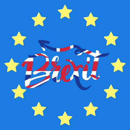 Brexit hand lettering text with United Kingdom flag and EU flag. Vector background about referendum in Great Britain.のイラスト素材